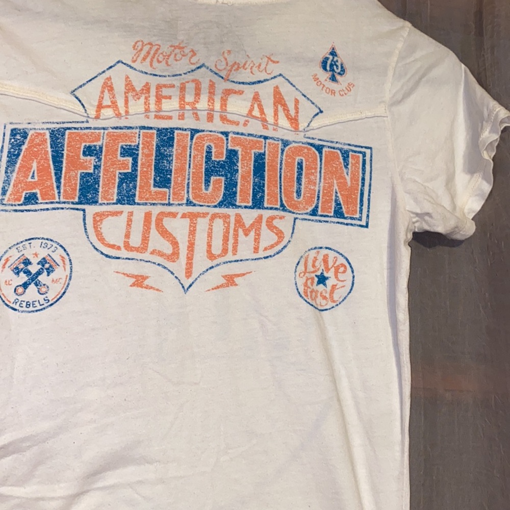 Affliction Motor Sport American customs ivory tee w/blue &orange design &letters - Picture 5 of 5
